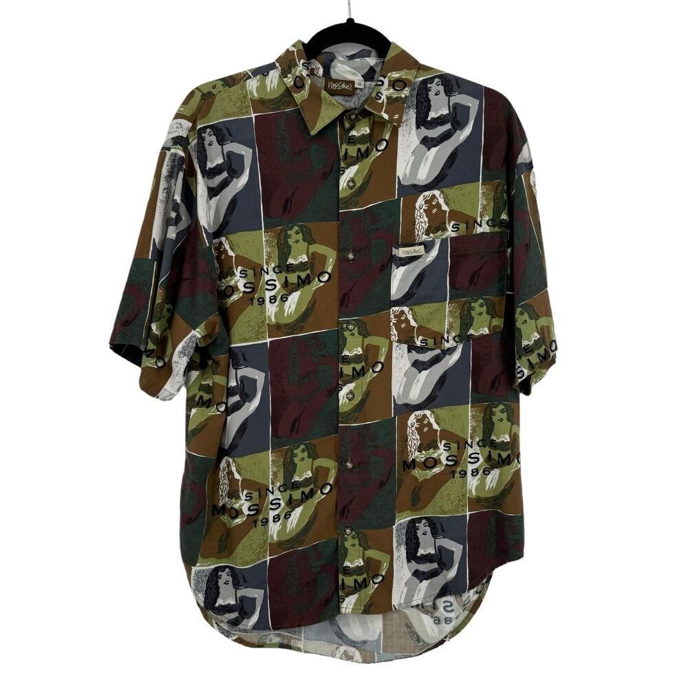 Vtg 90s Mossimo‎ Button Up Short Sleeve Shirt S Cotton Rayon Collared Girl Print